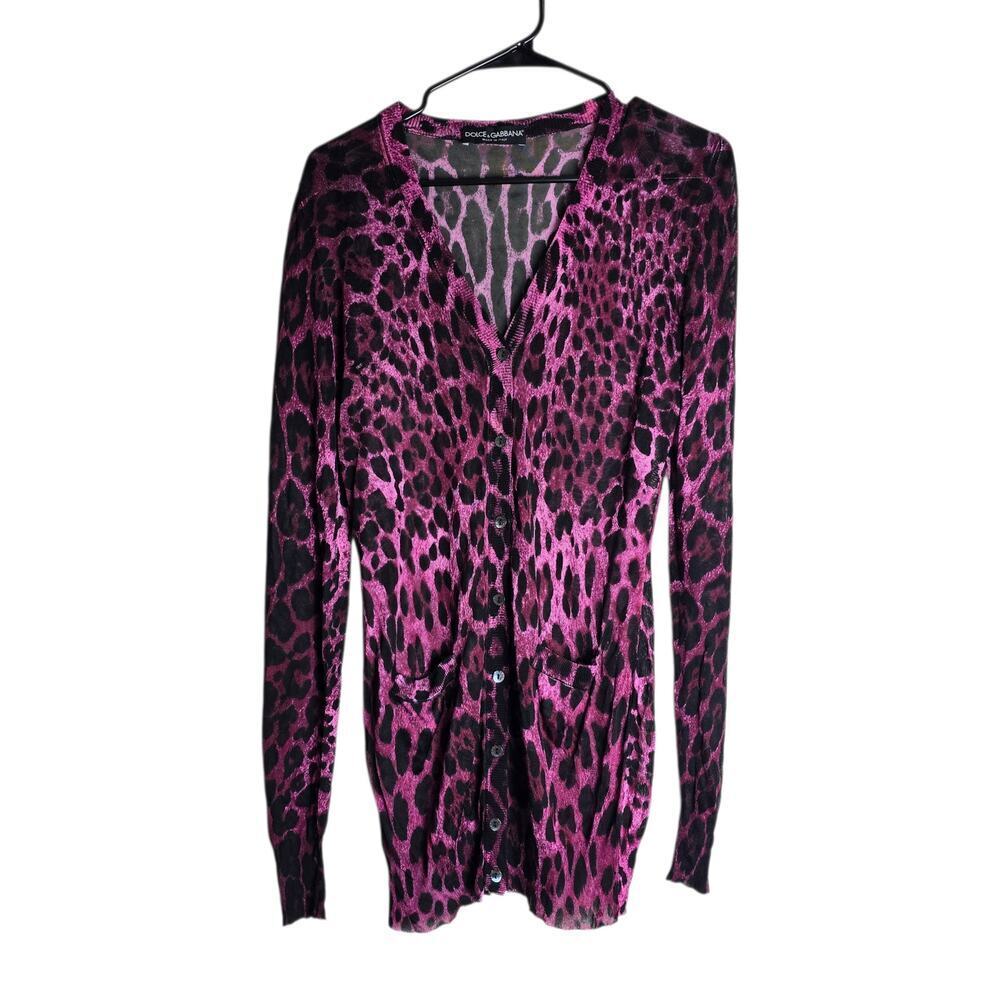 Dolce and Gabbana Burgundy Leopard Print Button Front Cardigan Small